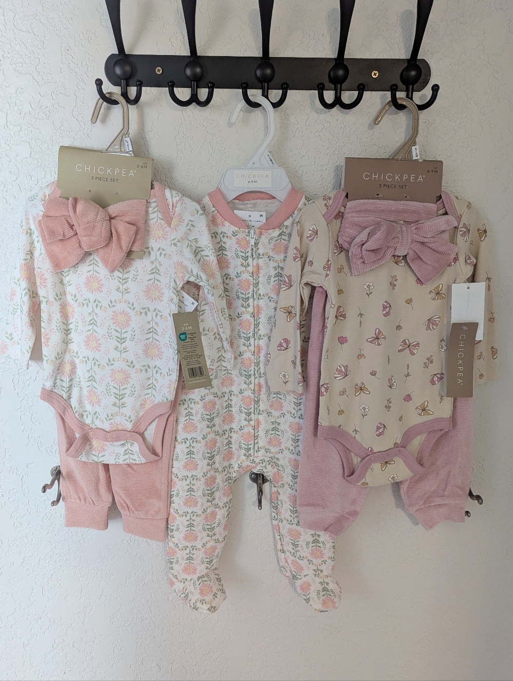 NWT Chick Pea Pink and Cream Floral Matching 3 Outfit Bundle Lot Size 3-6, 6-9 M